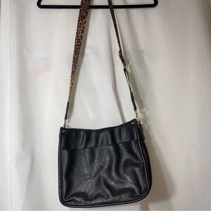 Black Leather Crossbody Bag with Leopard-Print Strap